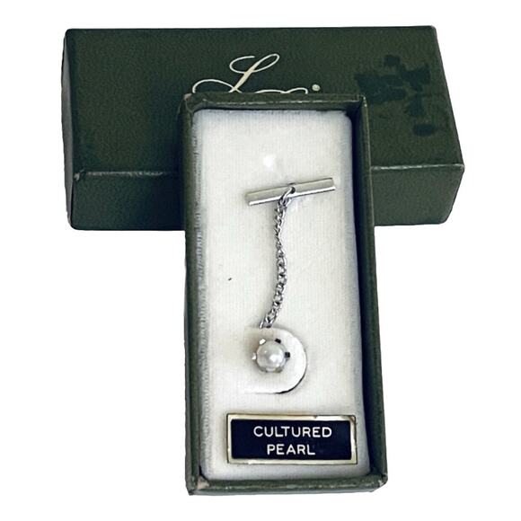 Vintage Cultured Pearl & Silver Tone Tie Tack Lapel Pin Tie - Picture 1 of 7